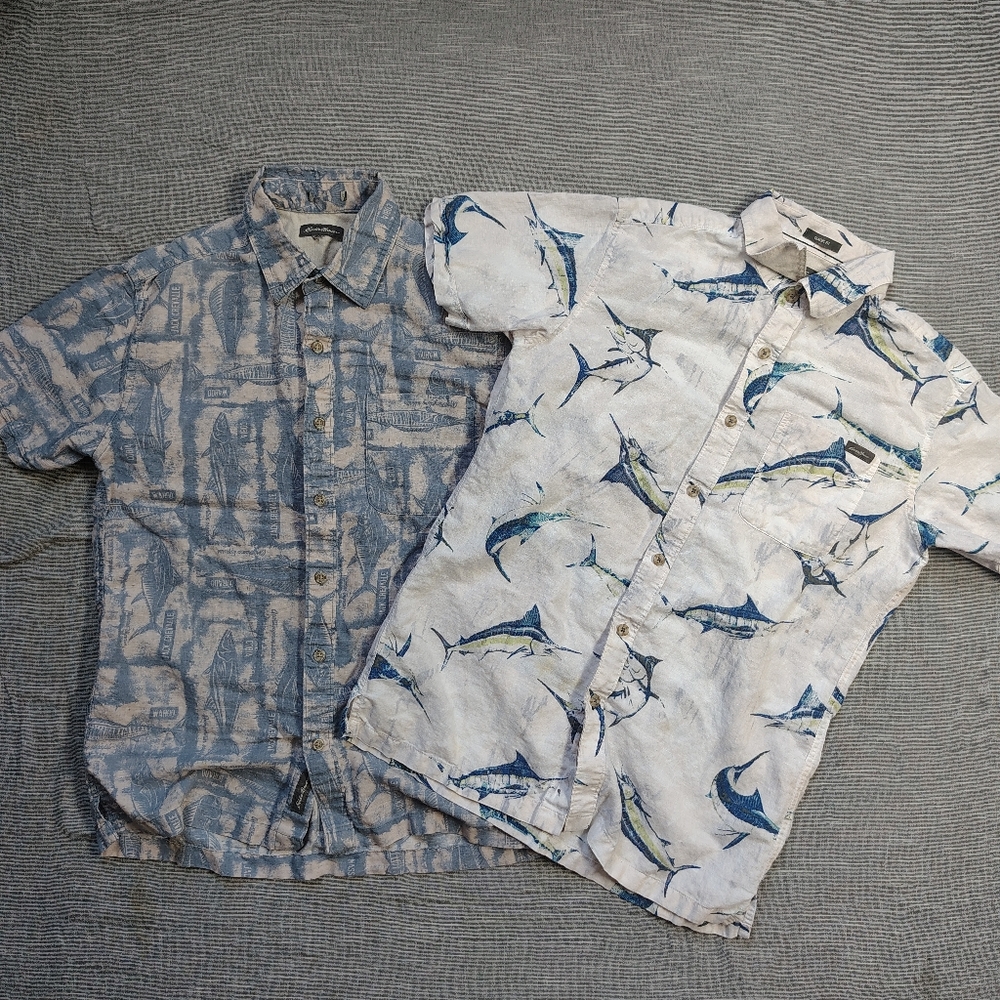 Eddie Bauer Shirt Bundle Linen Short Sleeve Button Down AOP‎ Fish Pattern Small